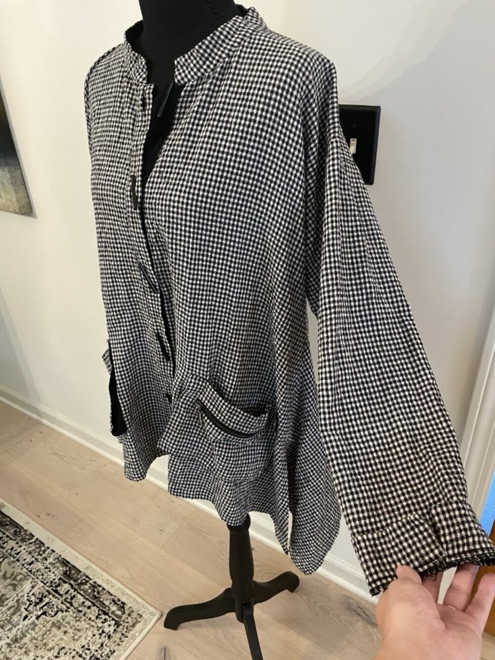 Vintage Lagenlook Black Gingham Top Artsy Blouse Lightweight Jacket Art to Wear - Picture 4 of 8